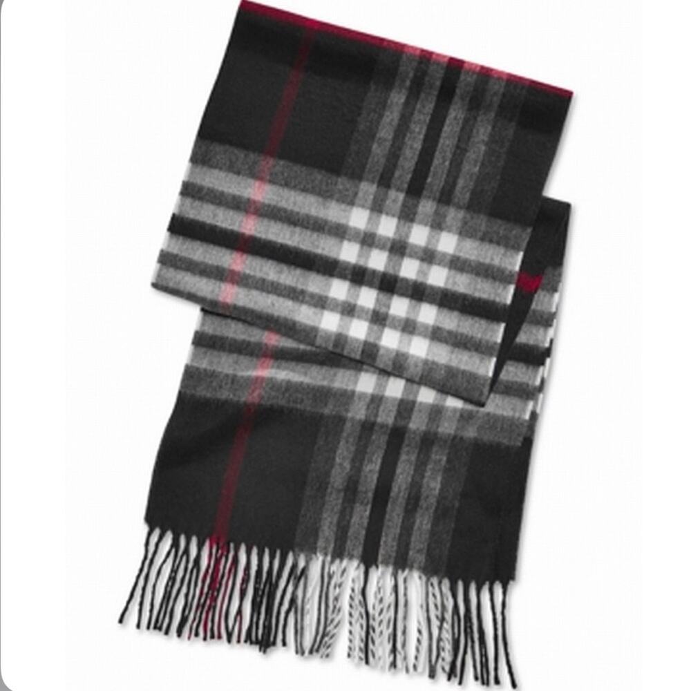 V. Fraas Cashmink Black Plaid-Print Fringed Scarf